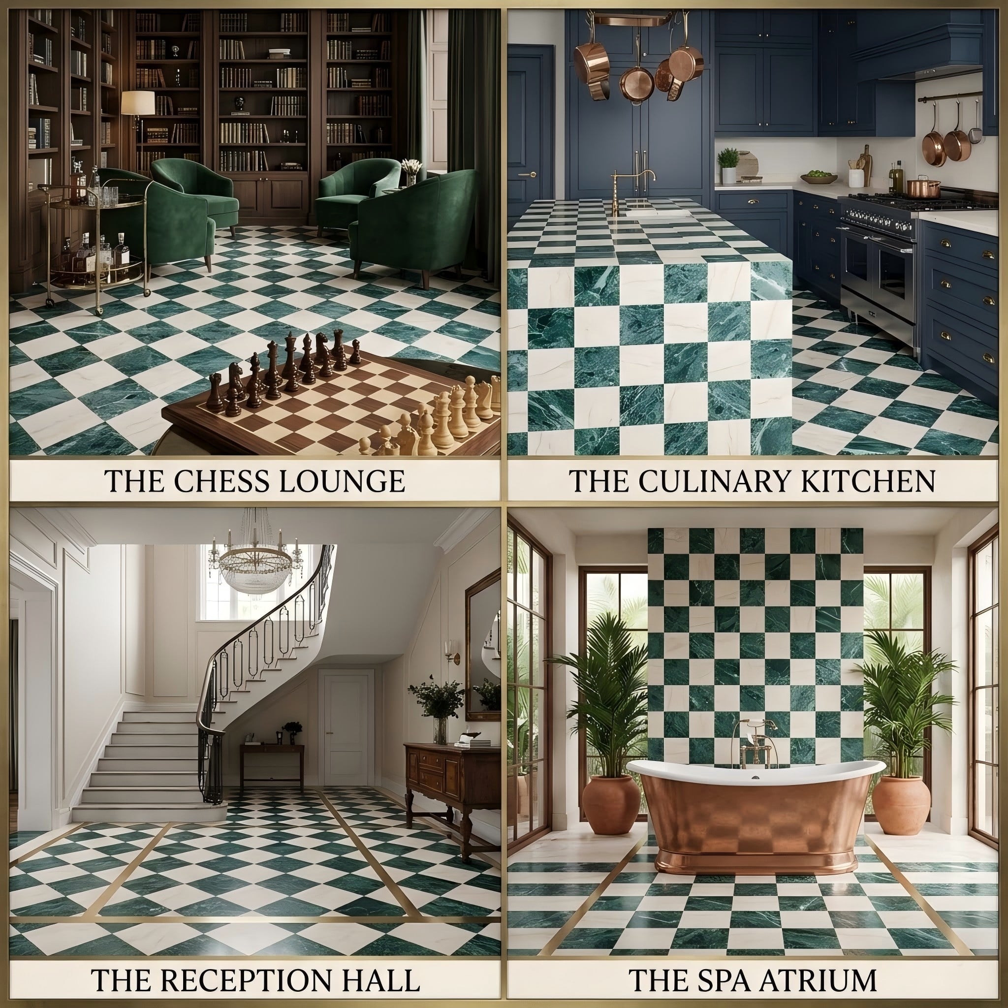 White marble and Verde Alpi checkerboard marble tiles for bathroom wall and floor.jpg