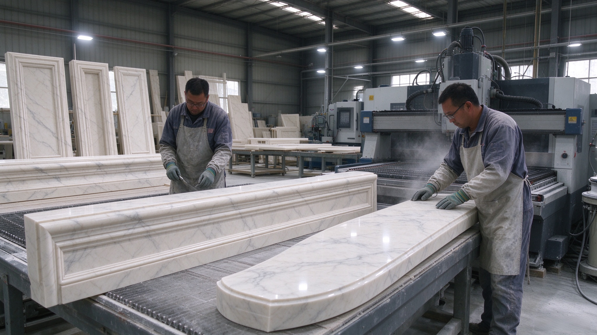 Calacatta stone moulding CNC processing, stone door surround fabrication in workshop