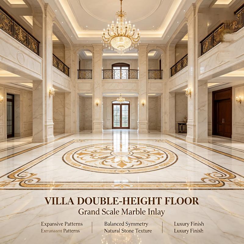 Marmor vannstråle-medaljong | Luksusmarmor inngjutningsgulv for villa med dobbelthøy foyer og hotelllobby
