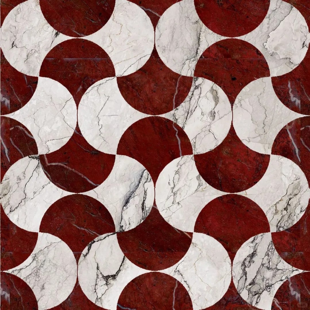 Red & White Interlocking Circle Watercut Marble Mosaic for Luxury Wall & Floor Applications
