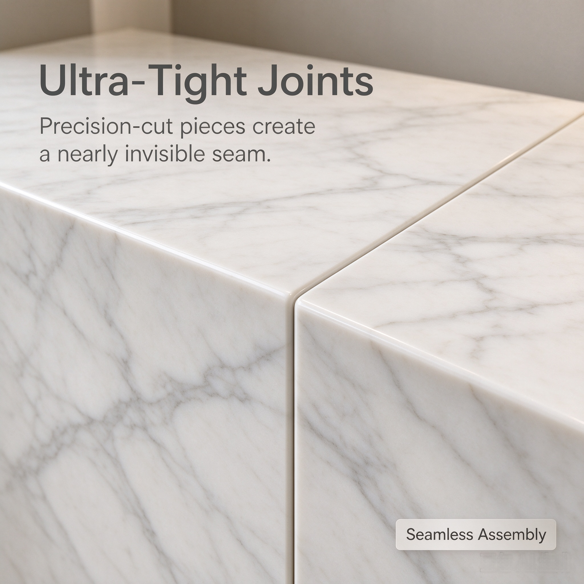 Rounded edge and seamless joint close-up of Calacatta marble door frame lines
