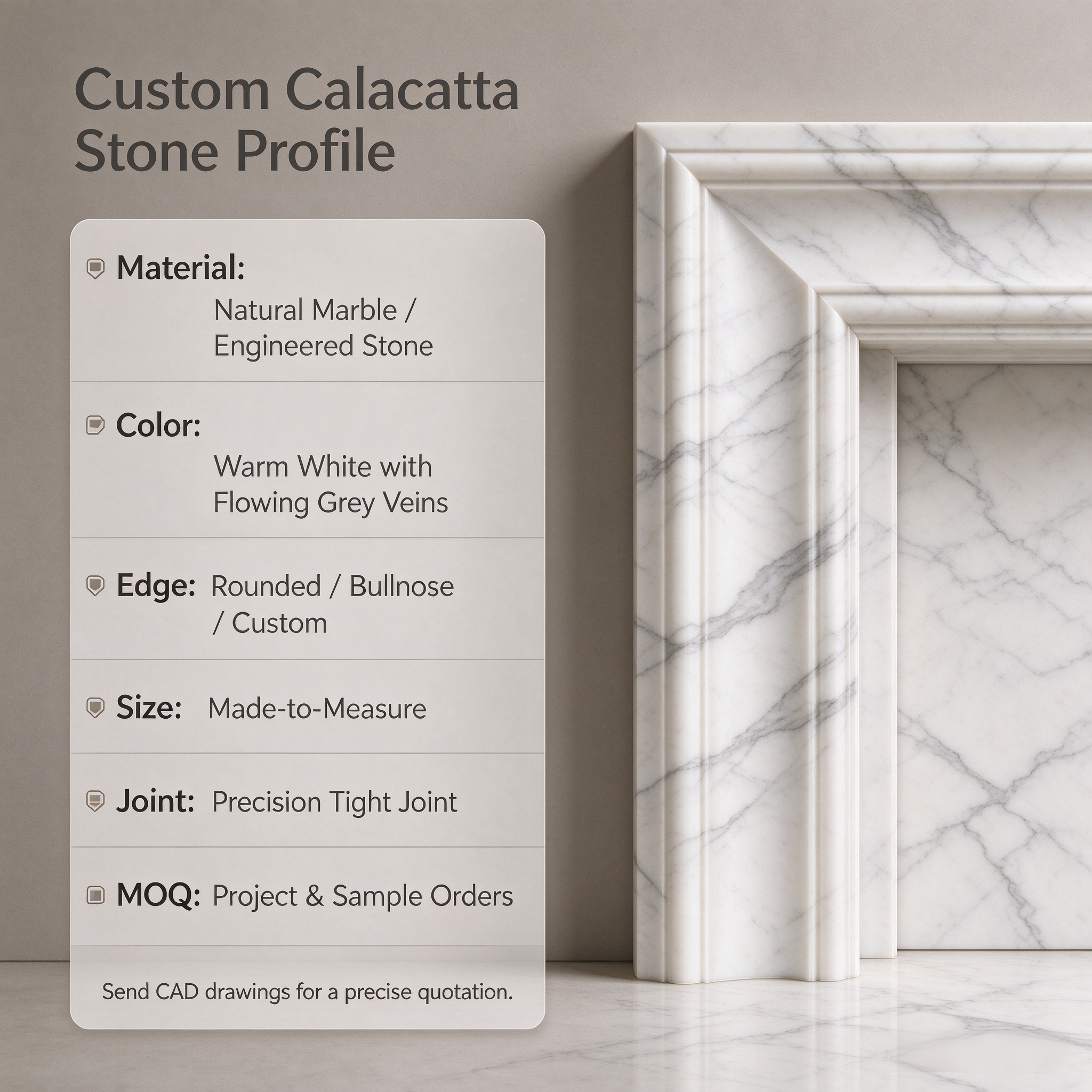 Calacatta marble door frame lines, seamless stone moulding with rounded edges and tight joints for luxury interior door surround