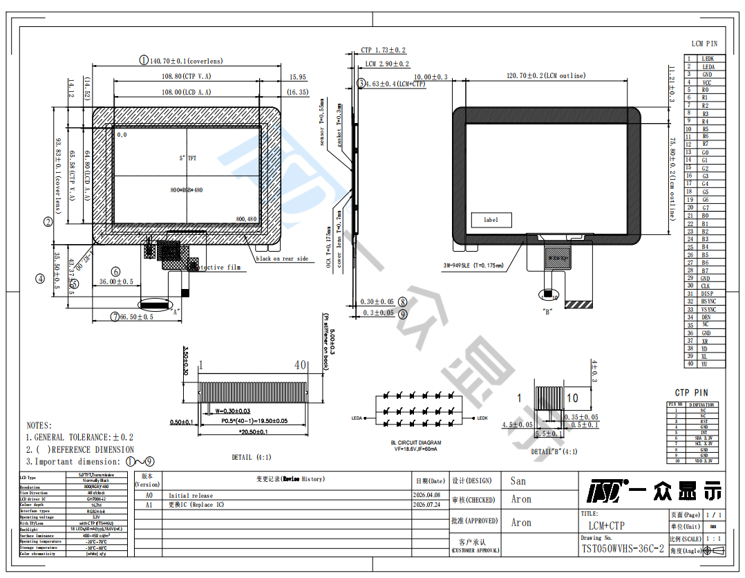 tsd 50 tft ips transmissive 800x800 resolution with rgb interface lcd module with tp-1