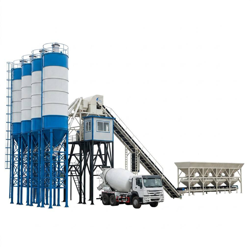 Stationary Fully Automatic Ready Mix Concrete Batching Plant Equipped with PLC Control System  TwinShaft Mixer and Multi-Silo Design, Suitable for LargeScale Infrastructure, Bridge, Dam and Commercial Construction Projects