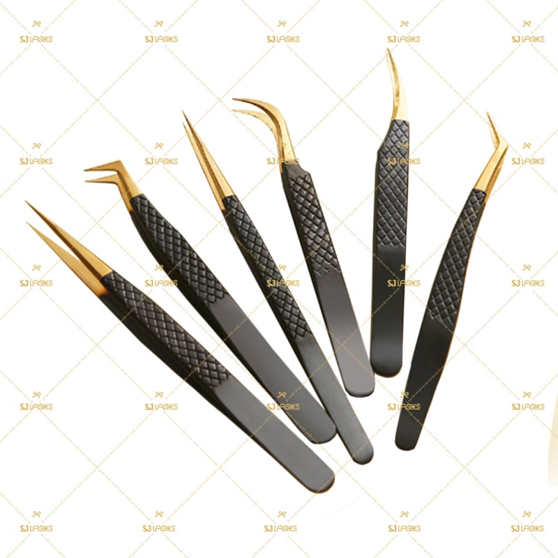 Hochleistungs-6-teiliges Pinzetten-Set für Volumenwimpern (strukturierte Grifffläche), Schwarz
