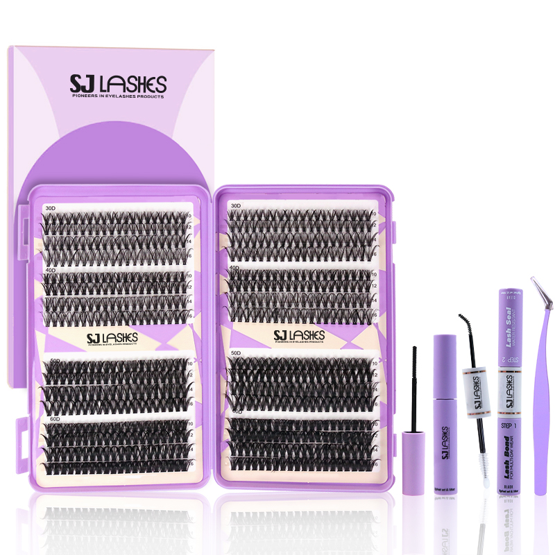 SJ LASHES Factory Wholesale Cluster Lash Book Kit | Custom Purple Lash Set with Bond & Seal Adhesive, Mascara Wand & Tweezer OEM