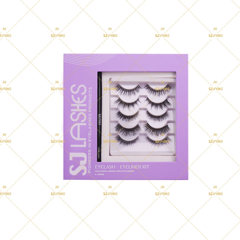SJ LASHES Fabrik Großhandel Luxuriöse lila magnetische Wimpern-Kit-Box mit Spiegel | 5 Paar Wimpern + Eyeliner Stifte Geschenkset OEM