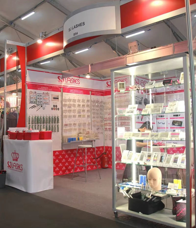 2015 Cosmoprof Bologna Italy - SJ LASHES booth B54 exhibition unit with glass sample case, mannequin head and lash extension kit display