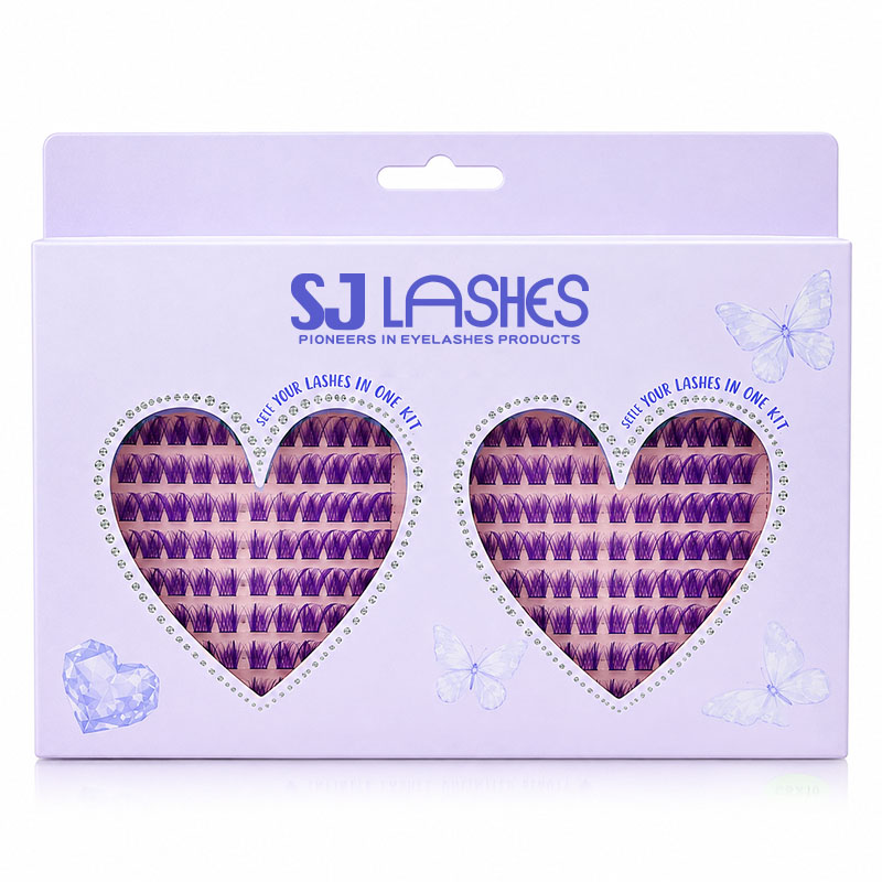 SJ LASHES Factory Wholesale Lilac Heart Window Lash Box with Hang Hole | Double Heart Die-Cut Window Cluster Lash Packaging, Custom Logo OEM/ODM 