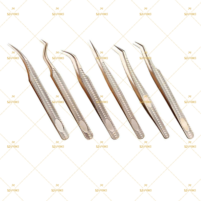 Ergonomisches 6-teiliges Pinzetten-Set im Diamantmuster, Gold (hohe Präzision)