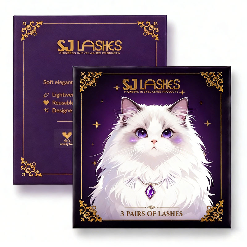 Caixa de Presente com 3 Pares de Cílios em Tira SJ LASHES – Venda por Atacado na Fábrica | Logotipo Personalizado, Revestimento Dourado em Folha, Etiqueta Privada, Embalagem Temática ‘Gato Roxo’, Produção sob Encomenda (OEM/ODM)