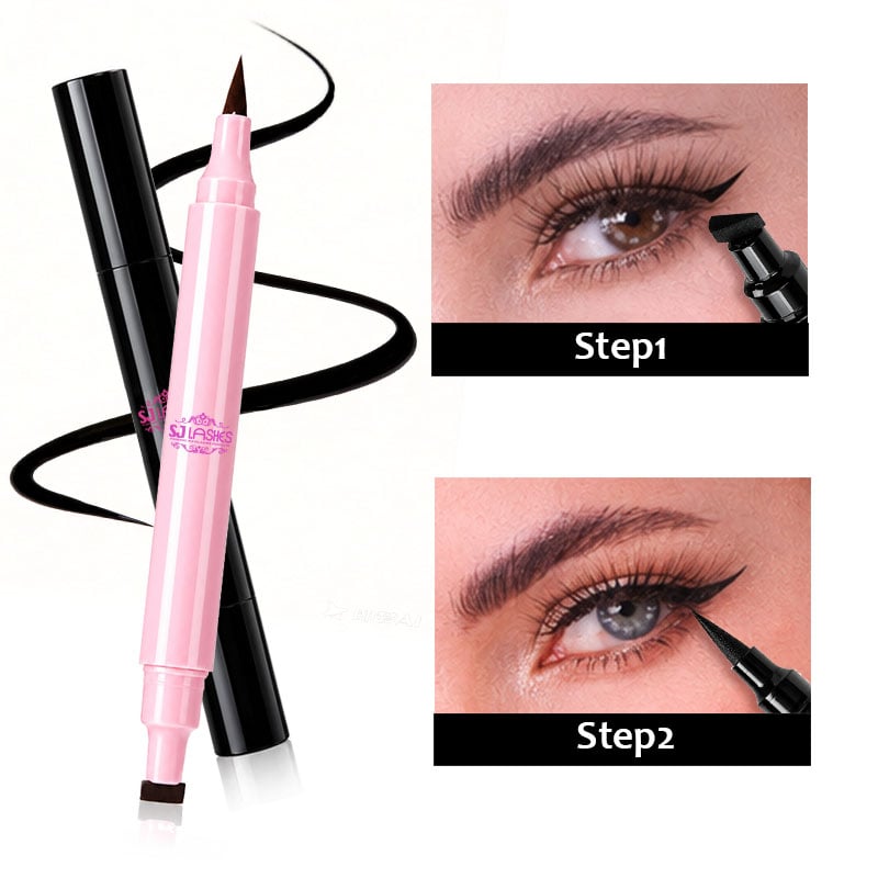 SJ LASHES Fabbrica all'ingrosso Penna doppia per eyeliner e timbro | Eyeliner liquido a punta fine e testa angolata per timbro in un unico corpo lucido, marrone e nero, con scatola stampata OEM/ODM