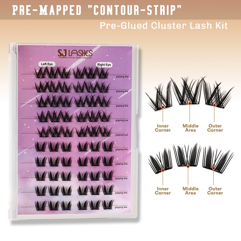SJ LASHES DIY-Cluster-Wimpern-Set: 10 Paar vorkartierte „Contour-Strip“-Vorklebe-Cluster – 3-Sekunden-Sofort-Anwendung-Ausgabe