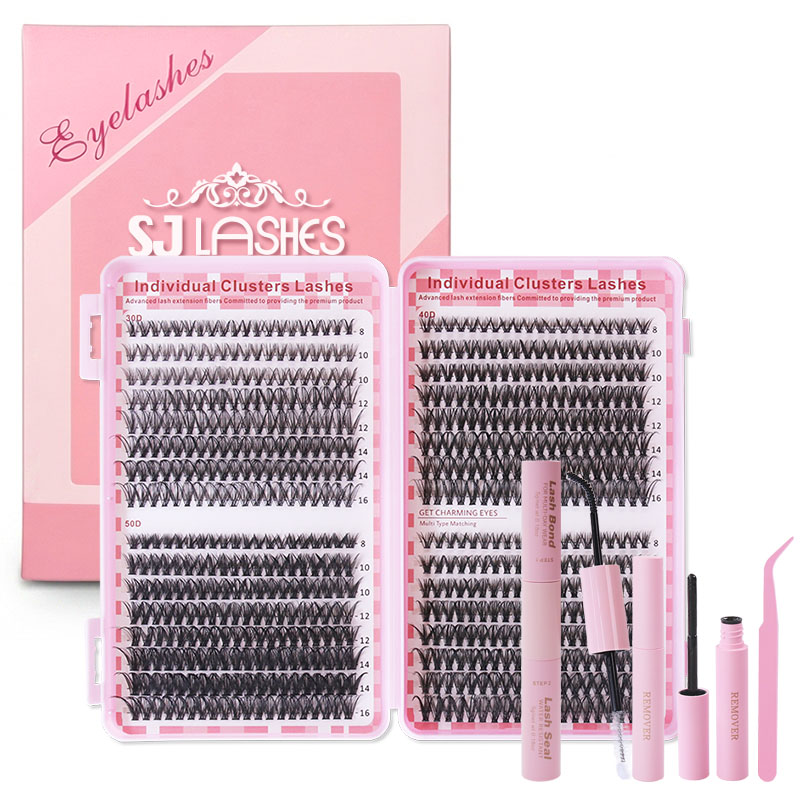 SJ LASHES Fabrik Großhandel magnetischer Wimpern-Book-Starter-Kit | Individuelles Logo, Private Label, rosa-lila komplettes Wimpern-Cluster-Set mit Papierbox, OEM/ODM