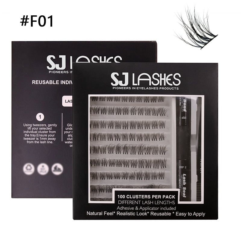 عدة رموش كلاستر ذاتية الصنع من SJ LASHES: ١٠٠ مجموعة رموش كثيفة وخفيفة مع لاصق وغطاء واكتساب، وملاقط — الإصدار الأسود الماتي الأنيق