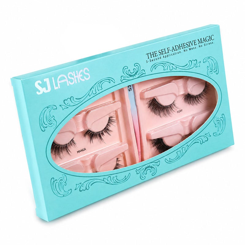 Self-adhesive segmented lash kit open showing pink inner tray with 6 pairs of labeled cluster lashes and matching applicator - custom logo private label OEM ODM