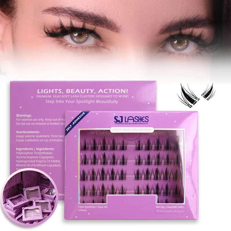 Self-adhesive lash box shown with model wearing the glue-free segmented lashes, front and back panels visible plus stacked boxes inset - retail listing product packaging