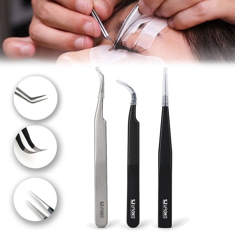 Close up of 3 piece lash tweezer set handles with raised 3D printed brand logo, brushed silver and matte black finishes with tip caps - custom logo private label OEM ODM