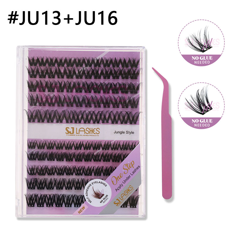 Kit SJ LASHES DIY de Cílios Autoadesivos: Conjunto de Cílios em Aglomerados Superior e Inferior no Estilo Selva com 10 Fileiras e Pinça — Edição Elegante em Folha de Ouro Roxa