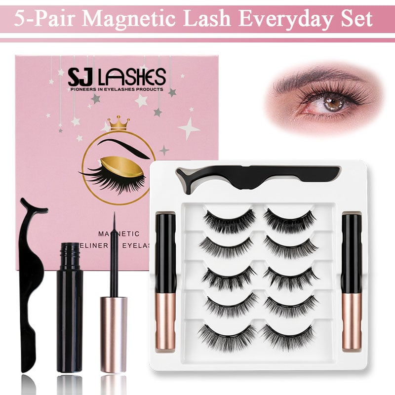 SJ LASHES Factory Großhandel professionelles 5-Paar-Magnetwimpern-Set | Individuelles Logo, Private-Label-Magnet-Liner & Pinzette-Kit mit rosa Pappbox, OEM/ODM