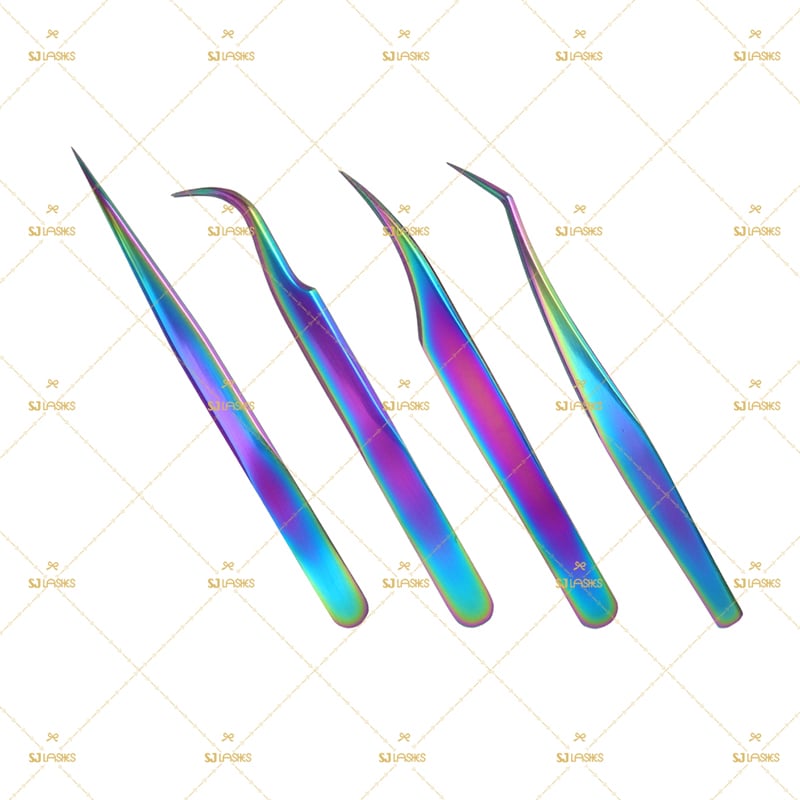 Modernes 4-teiliges Set klassischer und voluminöser Wimpern-Pinzetten (regenbogenfarben irisierend)