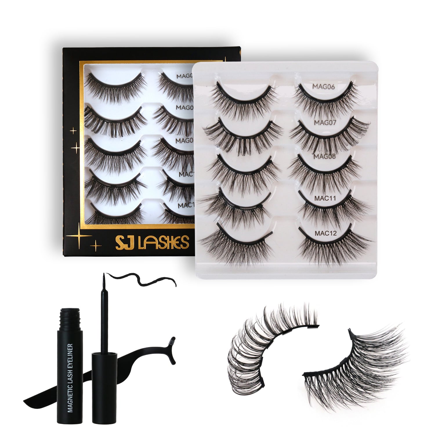 SJ LASHES Factory Wholesale Black & Gold Foil 5-Pair Magnetic Lash Set | Custom Logo Private Label Window Box OEM/ODM 