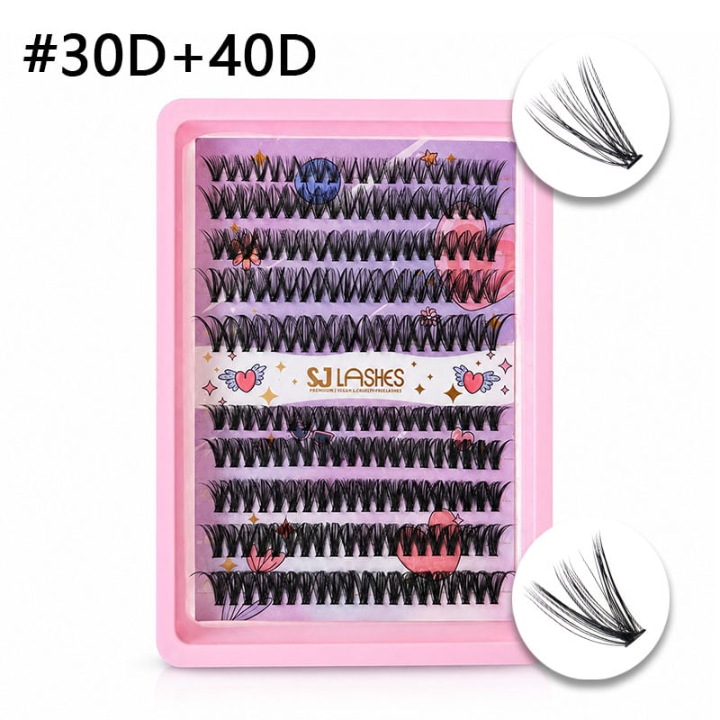SJ LASHES DIY selbstklebendes Wimpern-Set: 10 Reihen wärmeverklebte obere und untere Wimpernclustern – Edition mit rosa Herz und Goldfolienprägung