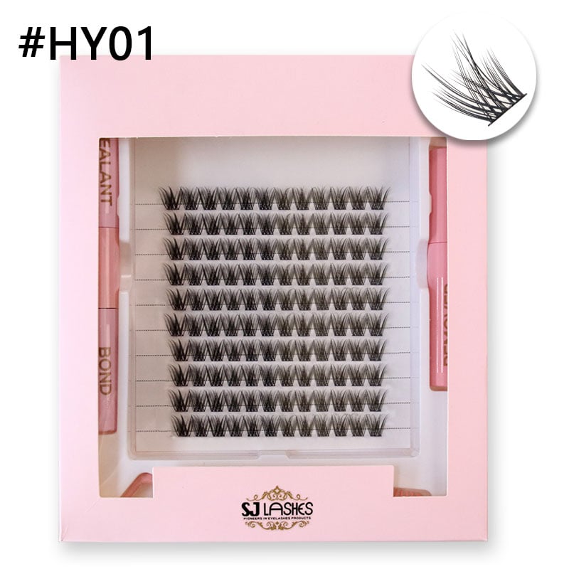 SJ LASHES DIY-Cluster-Wimpern-Set: 10-Reihen-hybrid-strukturierte Cluster mit Kleber, Versiegelung, Entferner und Pinzette – Edition in zartrosa Papieroptik