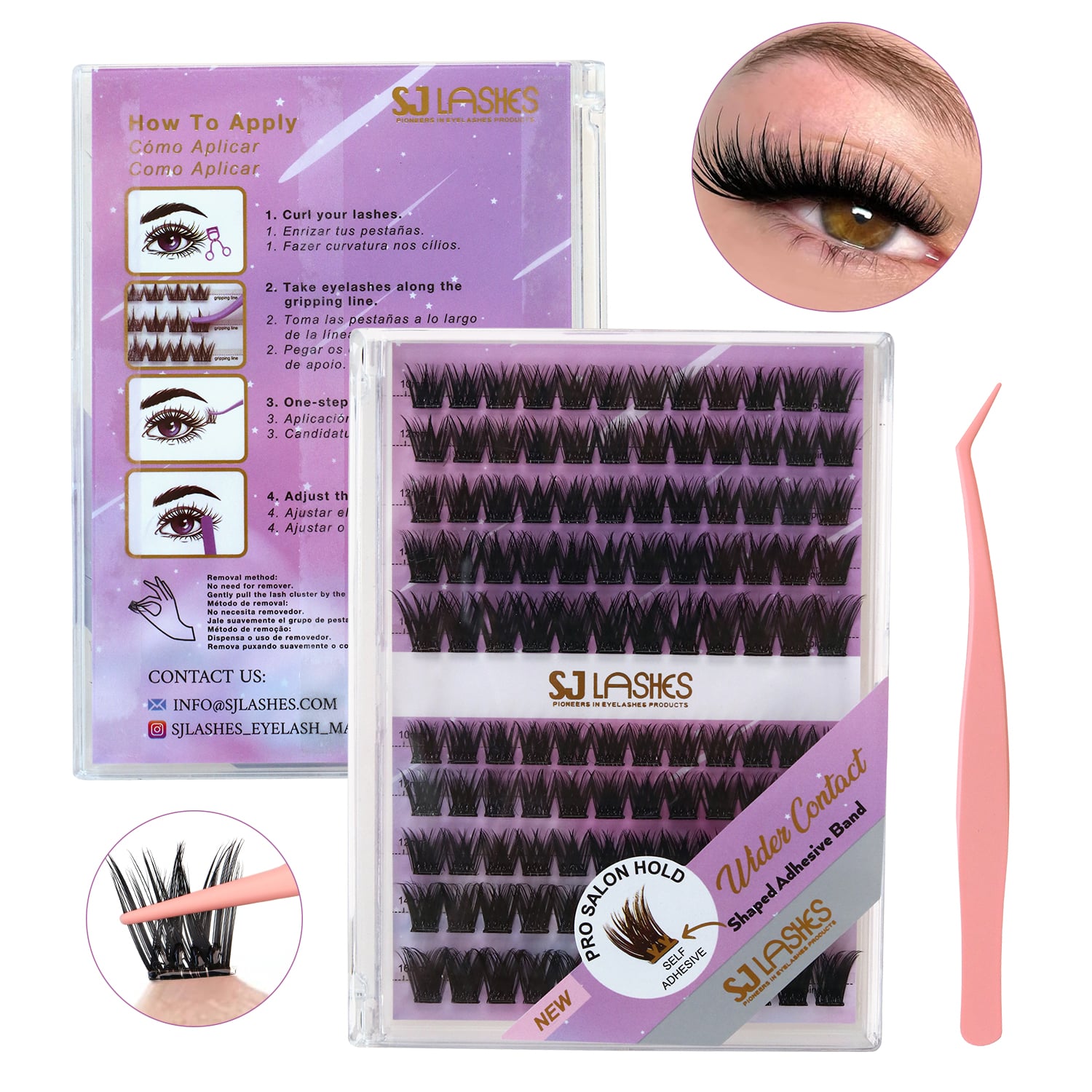 SJ LASHES DIY W-förmiges Cluster-Wimpern-Set: 10-Reihiges, breitbasiges, vorgeklebtes Cluster-Set mit Pinzette – Purpurfarbene Professional Edition