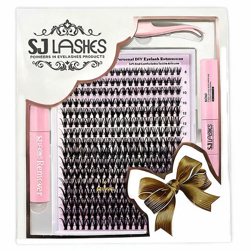 SJ LASHES Großhandels- und maßgeschneiderte Verpackung für segmentierte Wimpern-Kit | Private-Label-DIY-Wimpern-Vollset-Karton mit Kleber, Entferner und Applikator OEM
