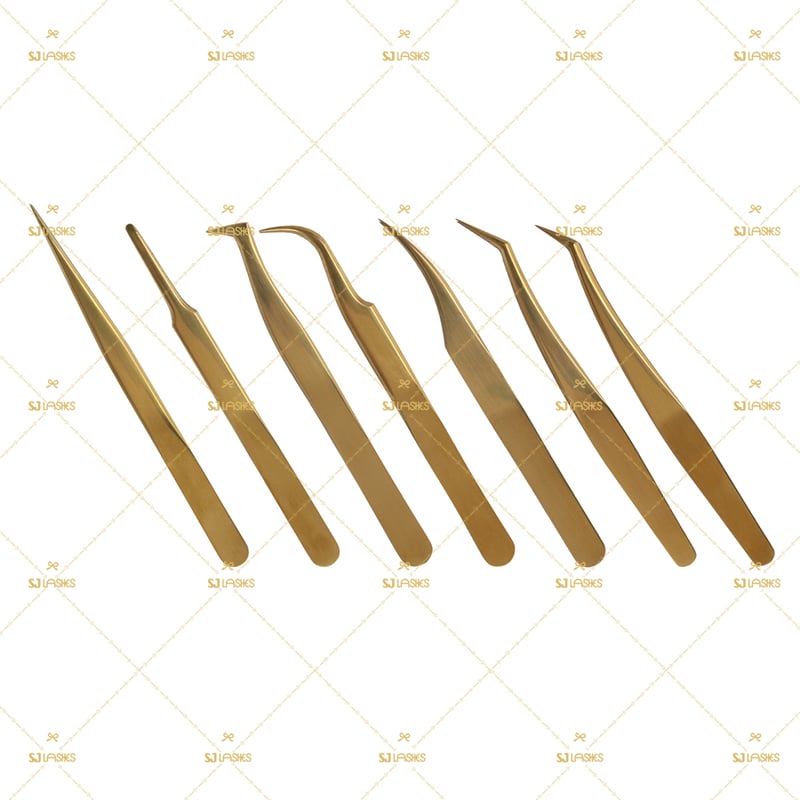 Luxury 7-Piece Professional Eyelash Extension Tweezer Kit (Gold Finish)