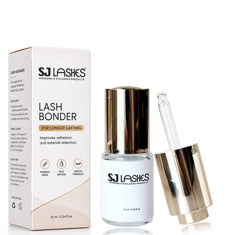 SJ LASHES工場直販 プロフェッショナル用まつげエクステンション専用スーパーボンダー｜カスタムロゴ・プライベートラベル対応の即時硬化型接着剤。10mL透明ガラスドロッパーボトル。OEM／ODM対応