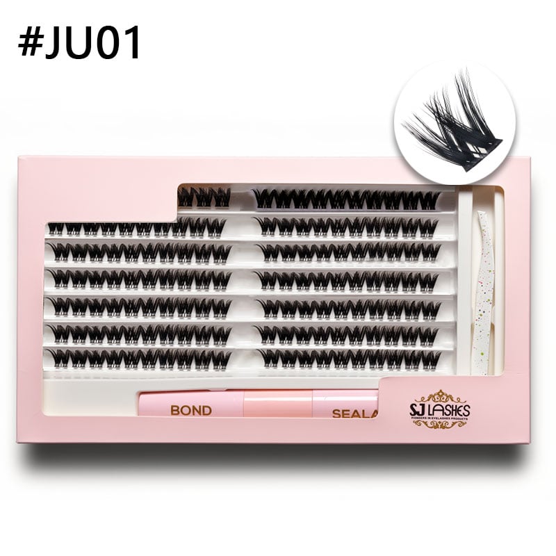 SJ LASHES DIY-Cluster-Wimpern-Set: 14-Reihen-Dschungel-wispige Cluster mit Kleber & Versiegelung und Pinzette – elegante Edition in zartrosa