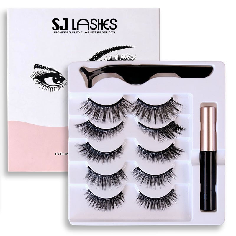 SJ LASHES Fabrik Großhandel Professionelles 5-Paar-Magnet-Wimpern-Set | Individuelles Logo, Private-Label-Magnet-Liner- und Pinzetten-Set mit Pappbox, OEM/ODM