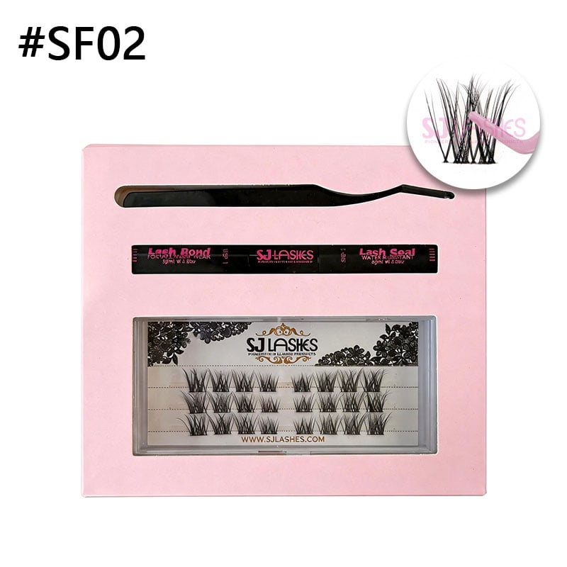 SJ LASHES DIY-Cluster-Wimpern-Kit: 3-Reihen-natürliche SF-Cluster mit Bond & Seal und Pinzette – Ausgabe mit zartrosa Papier