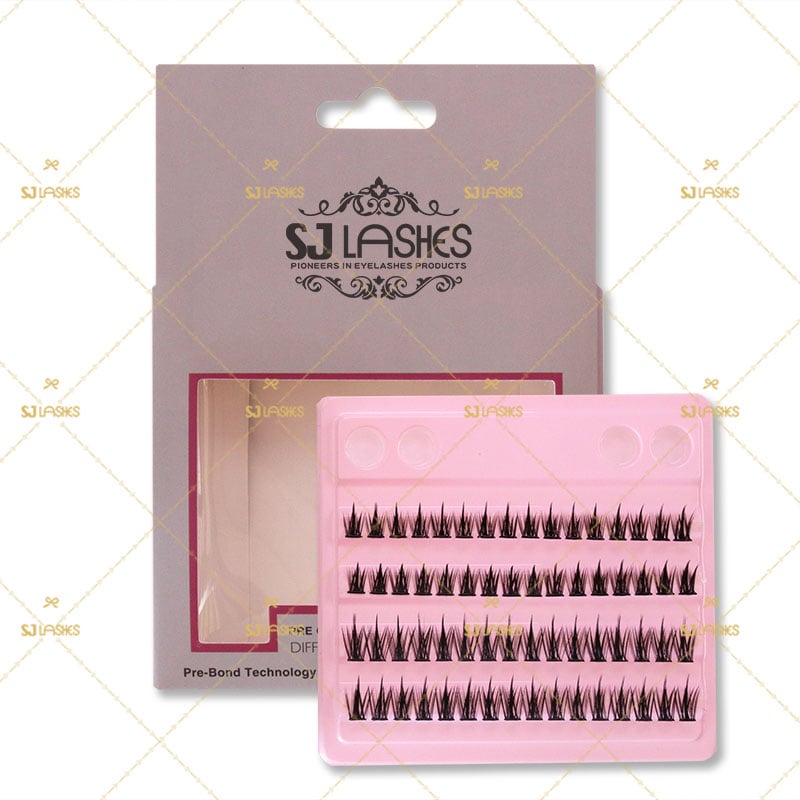 SJ LASHES يبيع بالجملة تغليف رموش كلاستر ملصوقة مسبقًا مع صينية قابلة للتخصيص بالألوان وعلامة تعليق للبيع بالتجزئة / خيارات التجارة الإلكترونية، إنتاج حسب الطلب (OEM)