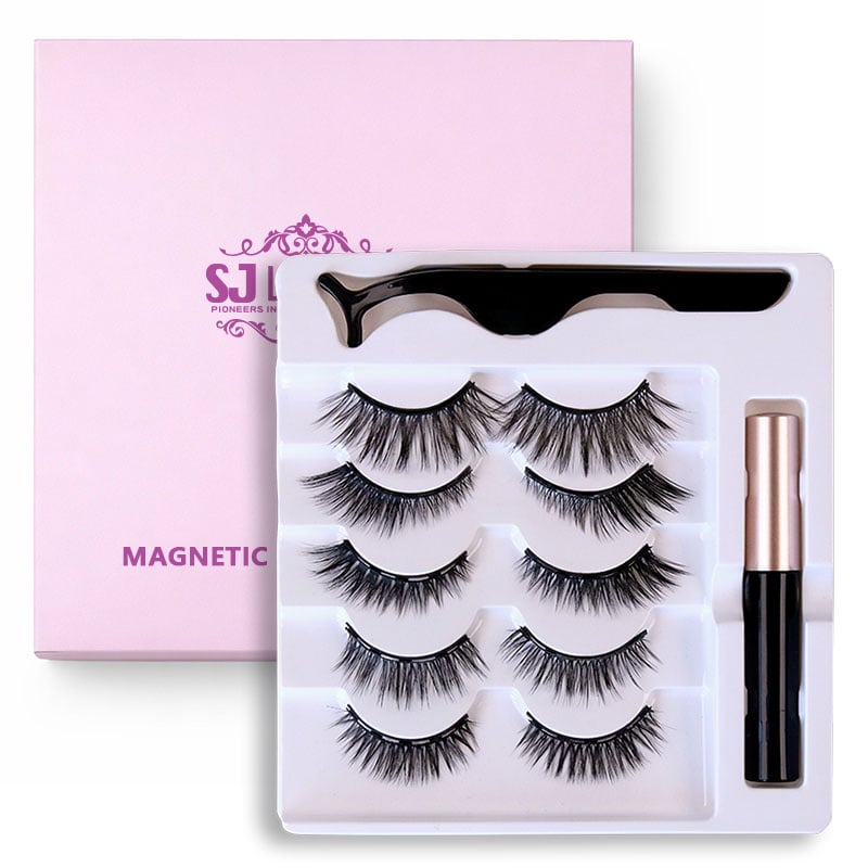 SJ LASHES Factory Wholesale Pink 5-Pair Magnetic Eyelash Gift Box Set | Custom Logo Private Label Glue-Free Lash Kit with Eyeliner & Applicator OEM/ODM