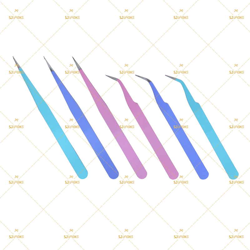 Kostengünstiges 6-teiliges farbiges Set für Wimpernverlängerungs-Pinzetten (Blau, Lila, Pink)