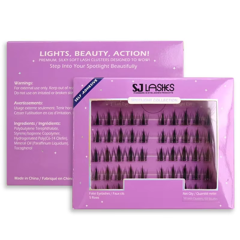 Self-adhesive lash box front and back panels with bilingual English and French warnings and INCI ingredient list - custom label layout for EU market lash packaging