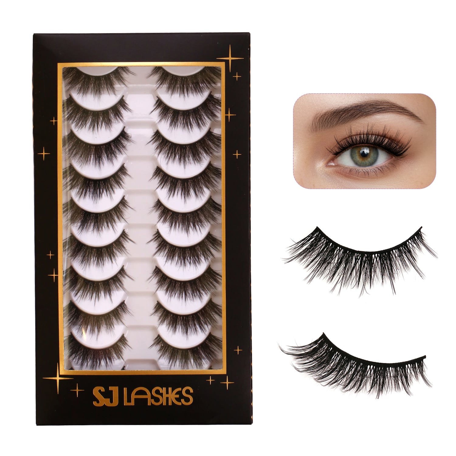SJ LASHES Factory Wholesale 10 Pairs Luxury Strip Eyelash Black Box | Custom Logo Private Label Gold Foil Windowed Lash Case OEM/ODM 
