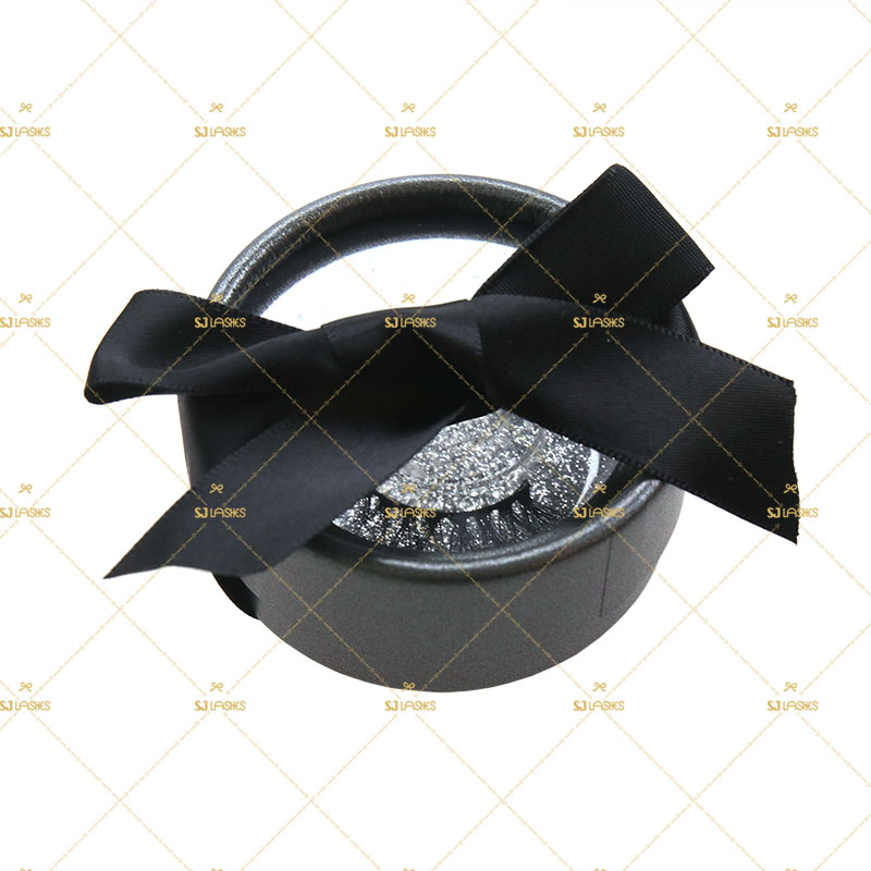 SJ LASHES Factory Wholesale Private Label Luxury Round Eyelash Packaging Box | Glitter Base Ribbon Pull-Tab Custom OEM