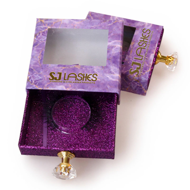 علبة رموش سحب من مصنع SJ LASHES بالجملة، فاخرة بلون رخام أرجواني | علبة رموش من ورق متخصص لامع مع طباعة ذهبية مخصصة ومقبض كريستالي، تصنيع حسب الطلب (OEM/ODM)