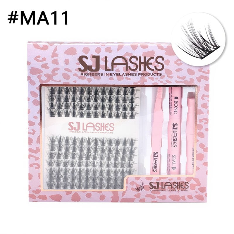 Kit SJ LASHES DIY para Cílios em Aglomerado: Aglomerados Espigados Estilo Mangá em 14 Fileiras com Cola, Selante, Removedor e Pinça – Edição Leopardo Rosa