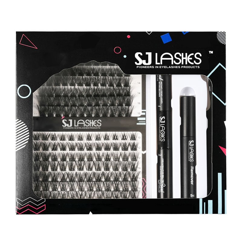 SJ LASHES Fabrik-Großhandel professioneller DIY-Wimpernverlängerungs-Kit-Karton | Kundenspezifisches Logo, segmentierter Clusterverlängerungs-Wimpern-Satz mit Sichtfenster, OEM/ODM