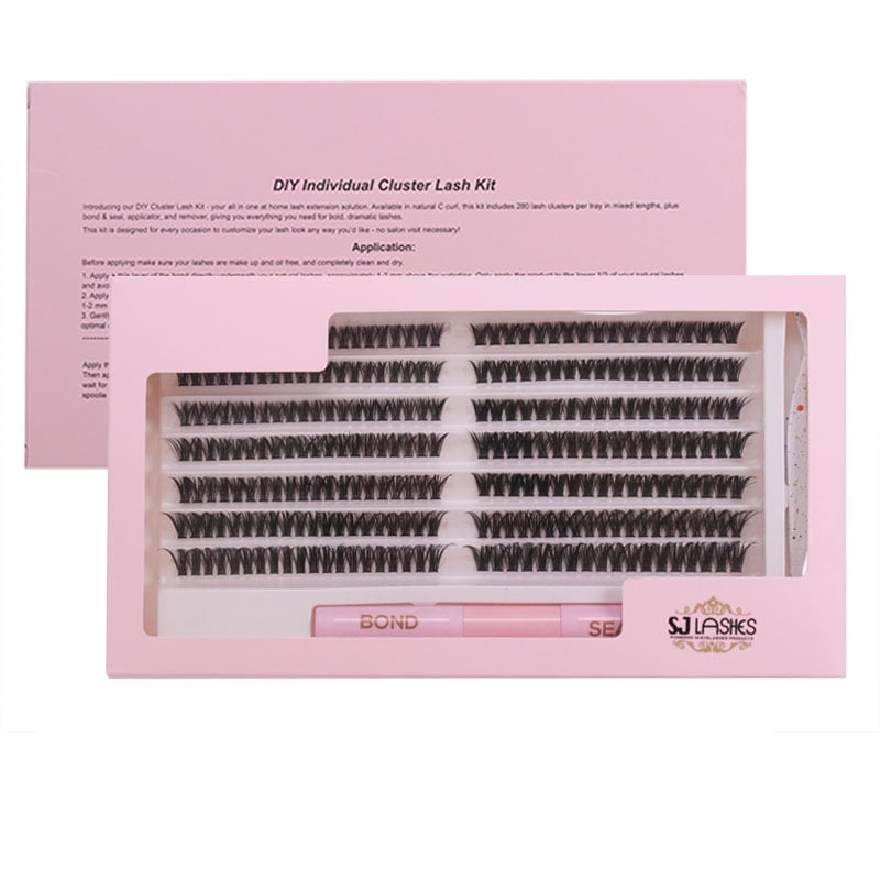 SJ LASHES Factory Wholesale DIY Cluster Lash Kit Packaging Box | Pink Window Lash Set Case with Bond & Seal Adhesive OEM