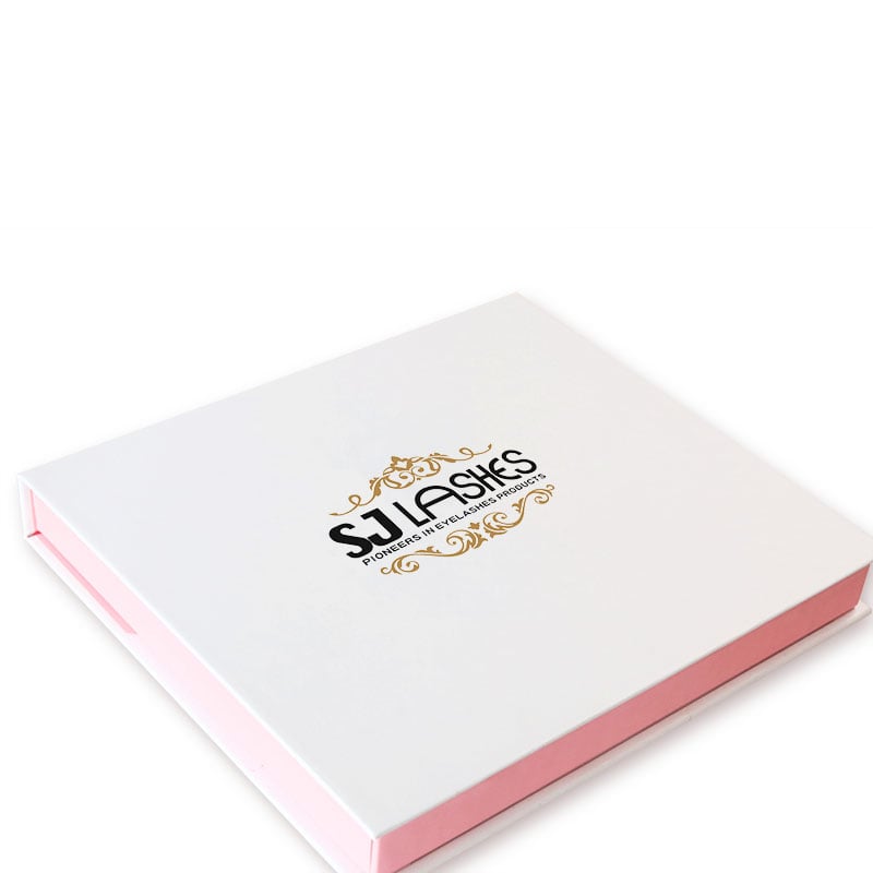 Open segmented lash gift box showing white lid with gold filigree, custom molded tray holding lash tray, pink tweezers, bond seal and remover tubes, how to apply and thank you cards - custom logo private label OEM ODM