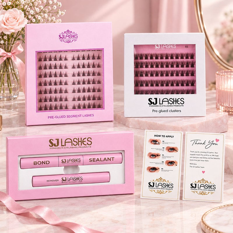 SJ LASHES Factory Wholesale Pre-Glued Lash Packaging Family Set | Segment Lash Box, White Gift Box, Dual-Ended Bond & Sealant Drawer Box, at Thank You Cards OEM/ODM