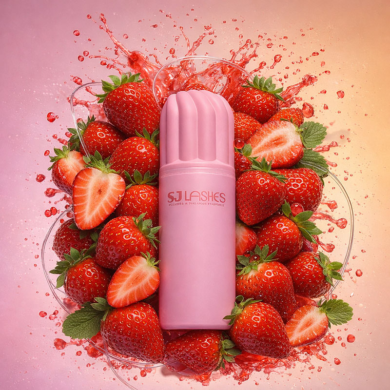 Cleanser espumante para cílios da fábrica SJ LASHES, venda por atacado — morango | logotipo personalizado, impressão 3D, marca privada, sem óleo, mousse para limpeza de extensões de cílios, 100 ml, OEM/ODM