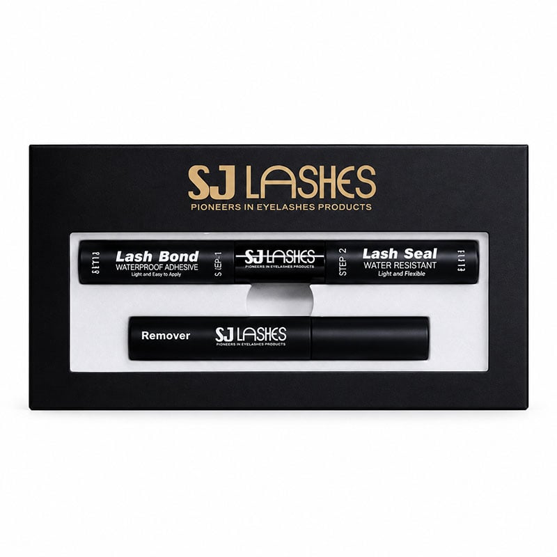 SJ LASHES Fabrikens engroslåda för segmentfranslim med lim, försegling och borttagningsmedel | Anpassad logotyp, privat märkning, svart och rosa, OEM/ODM