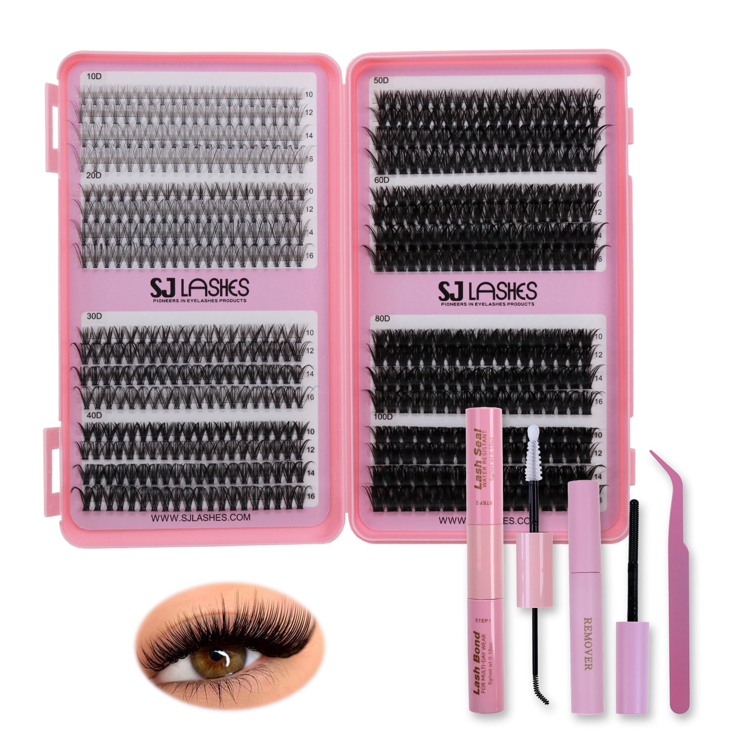 SJ LASHES Fabrik Großhandel Luxusrosa DIY-segmentiertes Wimpernbuch | Kundenspezifisches Logo bedruckter tragbarer Cluster-Wimpernkasten OEM/ODM